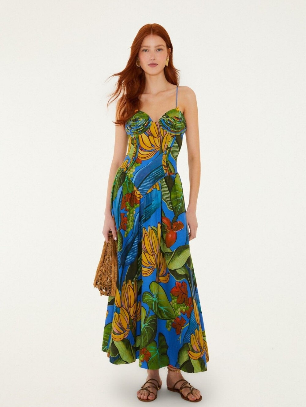 NWT FARM Rio Blue Banana Grapes 3D Bodice Sleeveless Maxi Dress Size Large